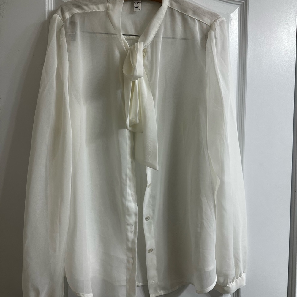 American Apparel Sheer White Blouse with Tie Neck